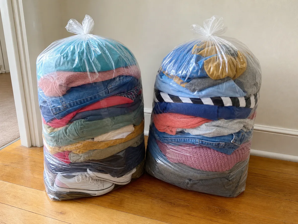 Two transparent bags of clean folded clothes ready for a KiloCash cash-for-clothes collection in Middleton